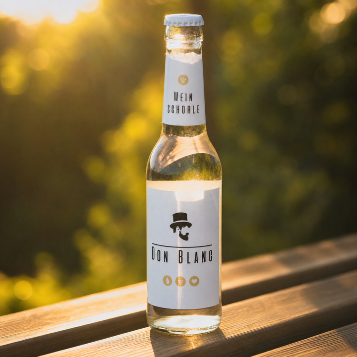 Don Blanc Weinschorle auf einer Bank im Abendlicht