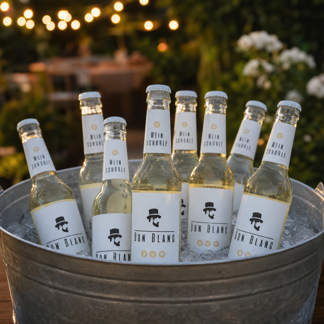 Don Blanc Weinschorle in einer Wanne mit Eis auf einer Gartenparty