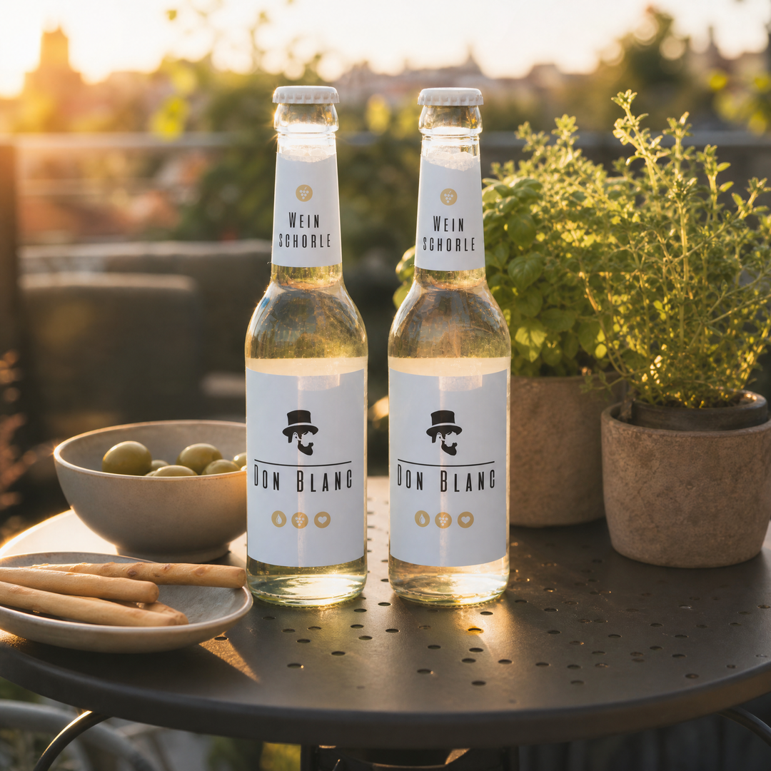 Zwei Flaschen Don Blanc auf der Terrasse mit Oliven
