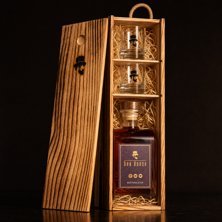 Don Busco Geschenkset: geflammte Holzkiste mit Flasche und zwei Shotgläsern