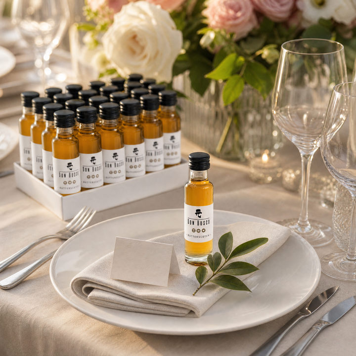 Don Busco Mini-Flasche als Gastgeschenk am gedeckten Platz