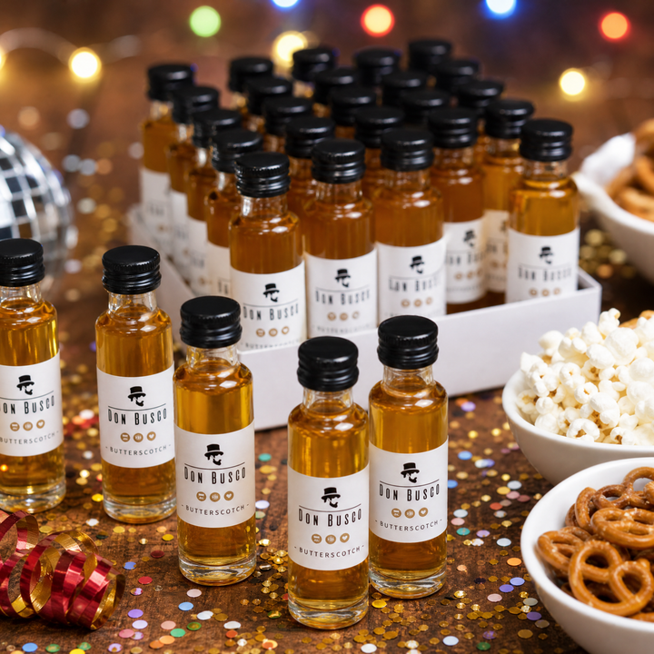 Don Busco Mini-Shots auf dem Party-Tisch mit Popcorn und Brezeln