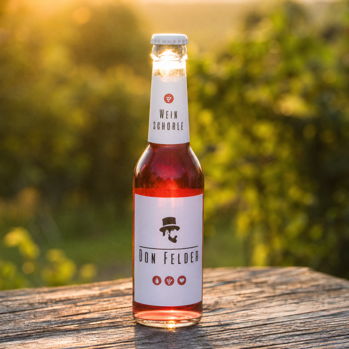 Don Felder Weinschorle auf einer Bank im Abendlicht