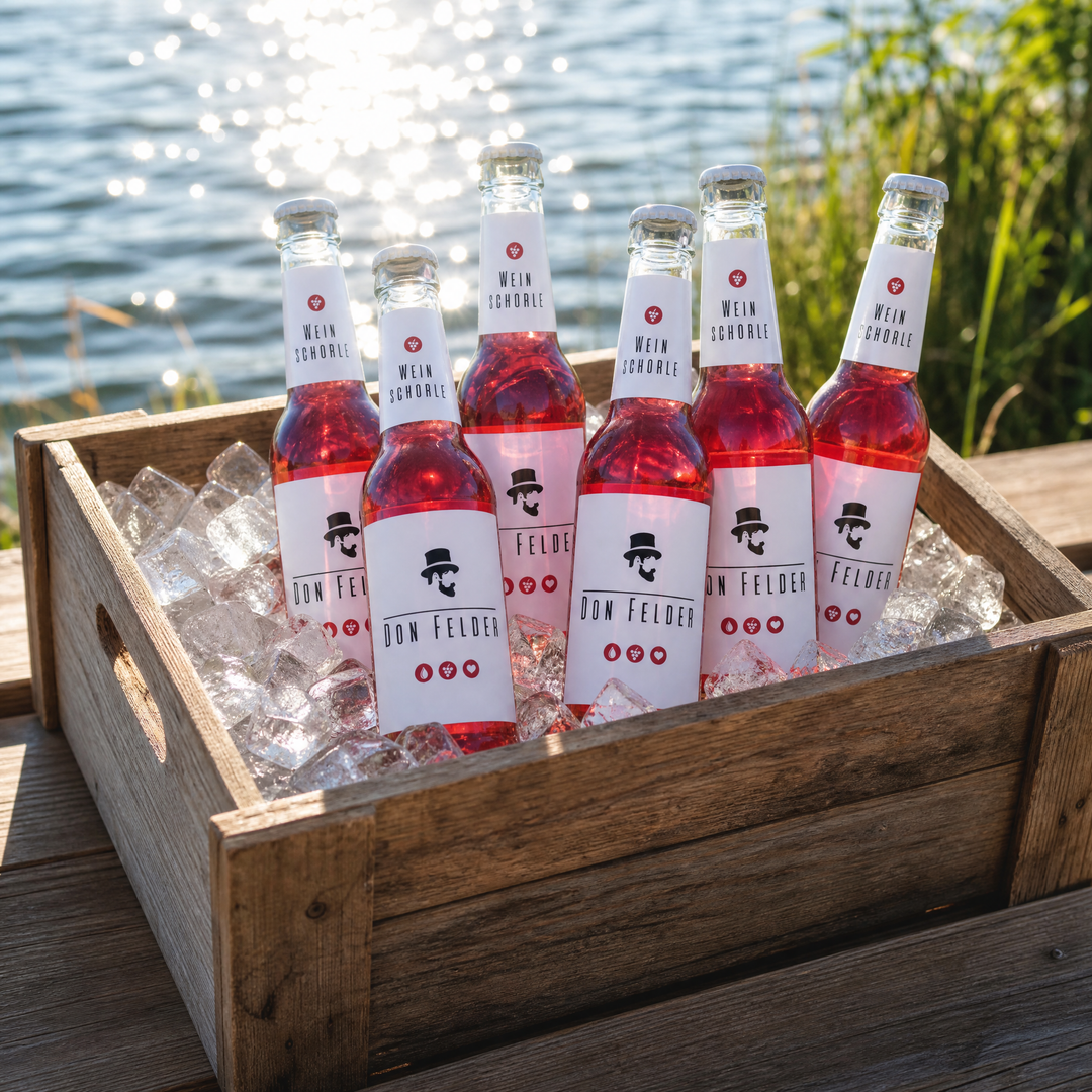 Don Felder Weinschorle in einer Holzkiste mit Eis am See