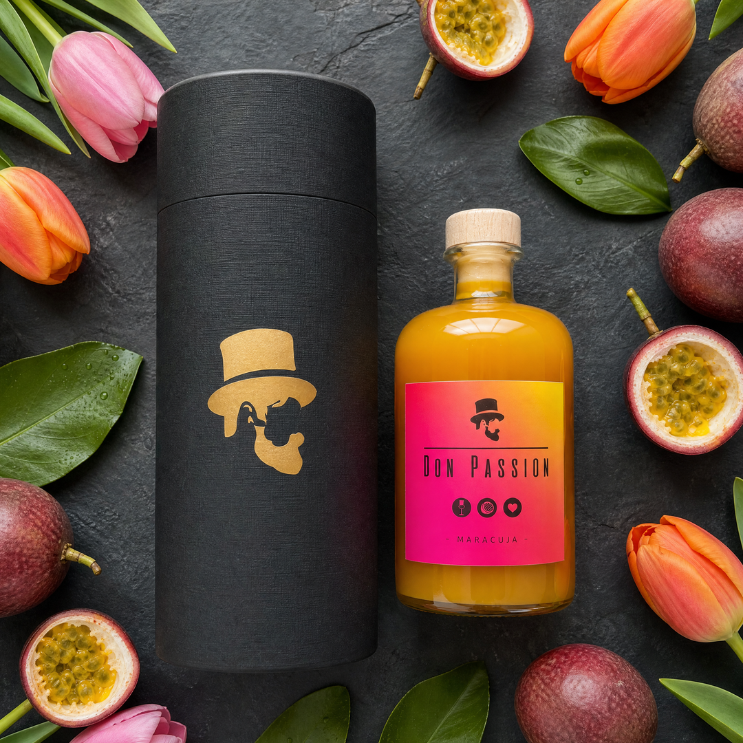 Don Passion und Premium-Dose von oben mit Tulpen und Maracujas