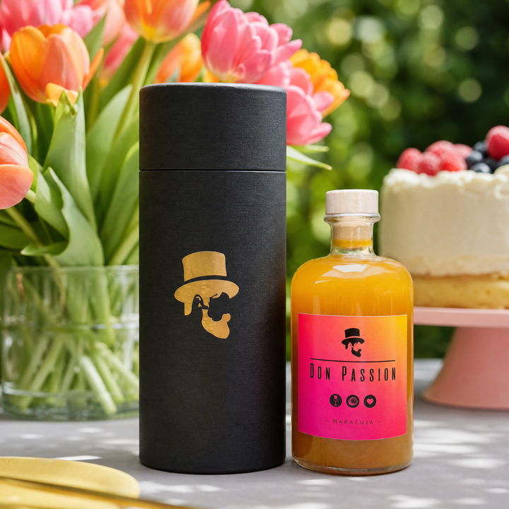 Don Passion Geschenkbox als Geburtstagsgeschenk mit Tulpen