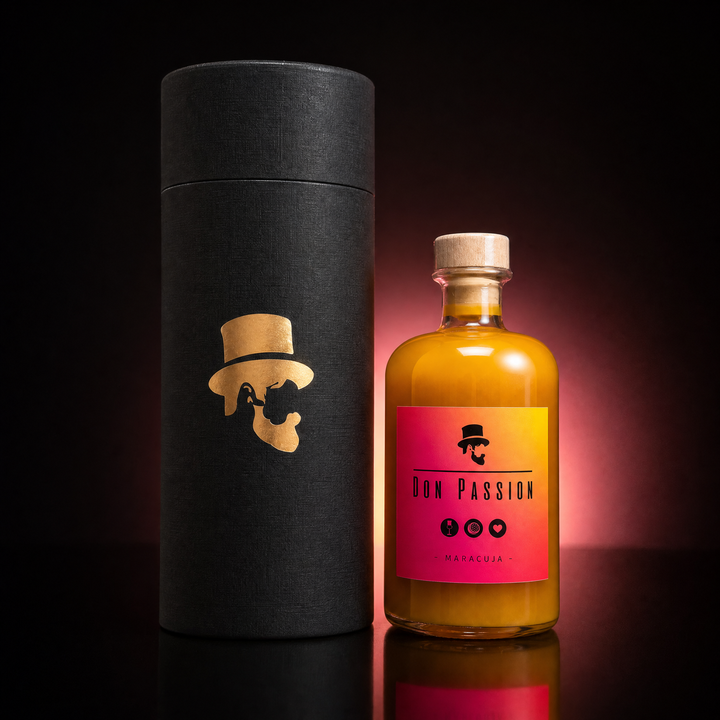 Don Passion Geschenkbox: mattschwarze Premium-Dose mit Gold-Logo und Flasche