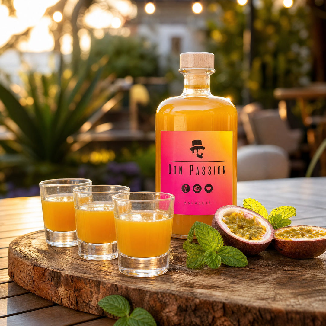 Drei Don Passion Shots auf einem Holzbrett mit Maracuja und Minze