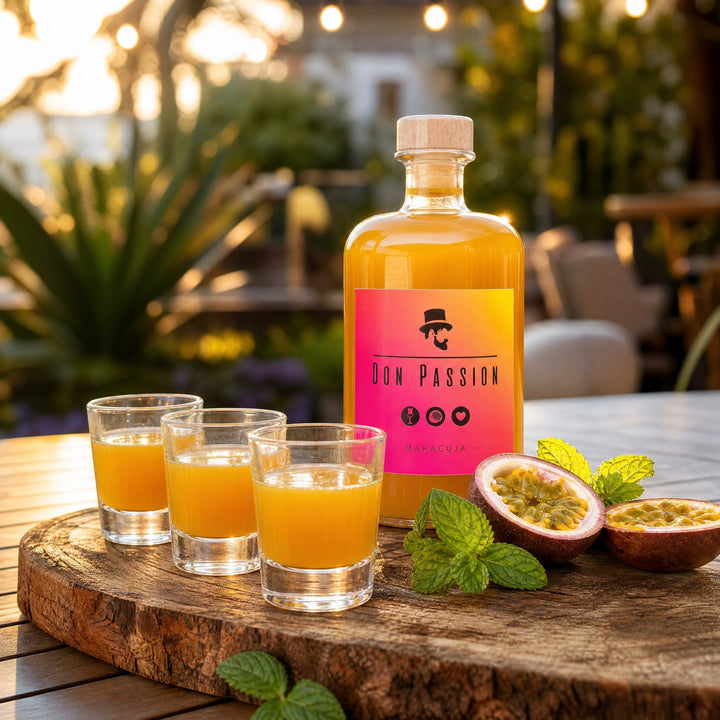 Drei Don Passion Shots auf einem Holzbrett mit Maracuja und Minze