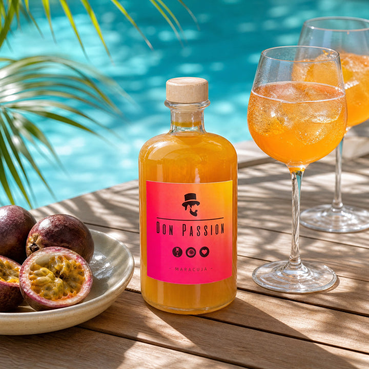Don Passion als Sommerdrink am Pool mit Maracuja-Hälften