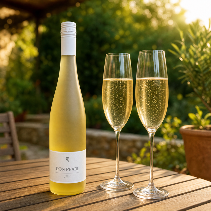 Don Pearl Secco mit zwei Sektgläsern auf der Terrasse