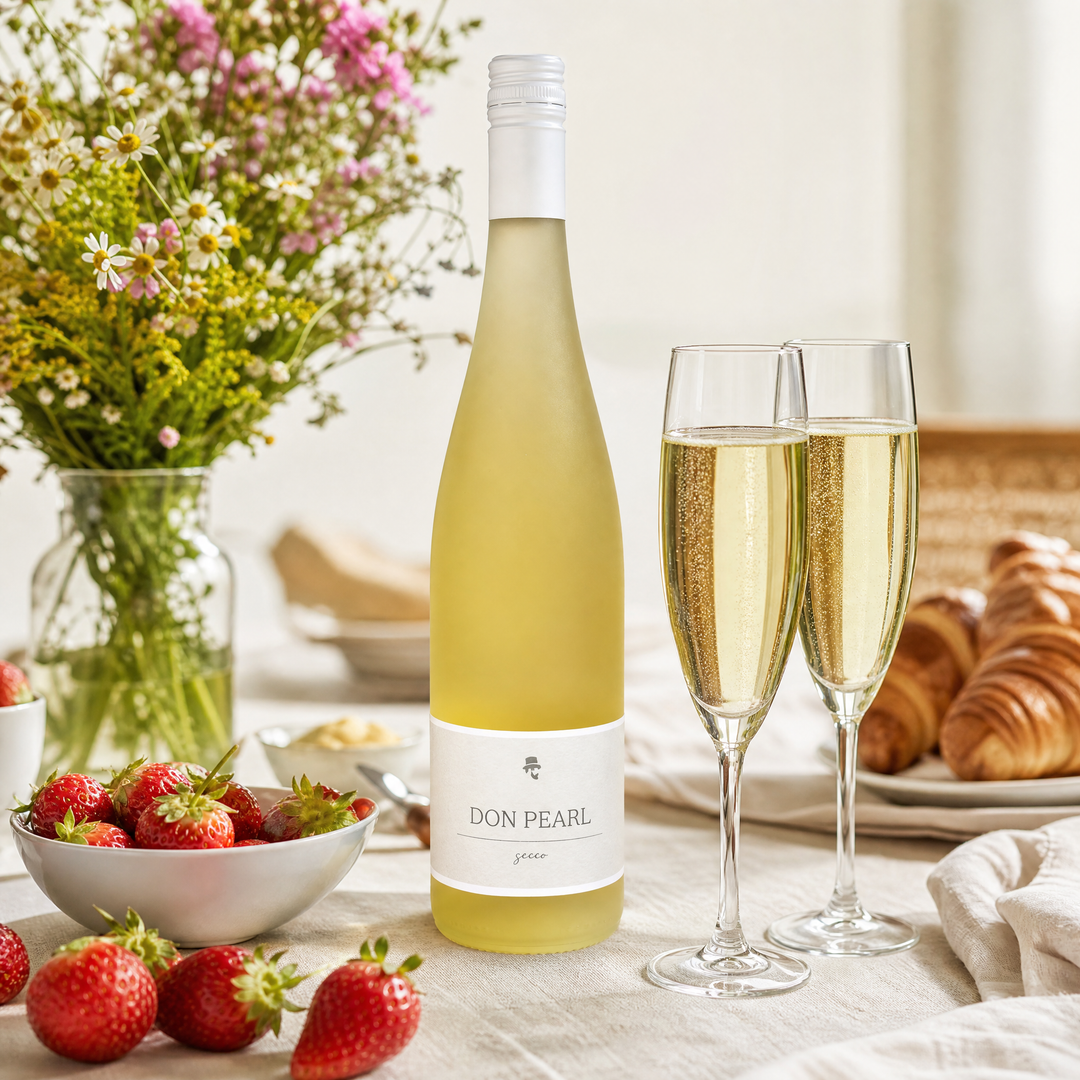 Don Pearl Secco beim Brunch mit Erdbeeren und Croissants