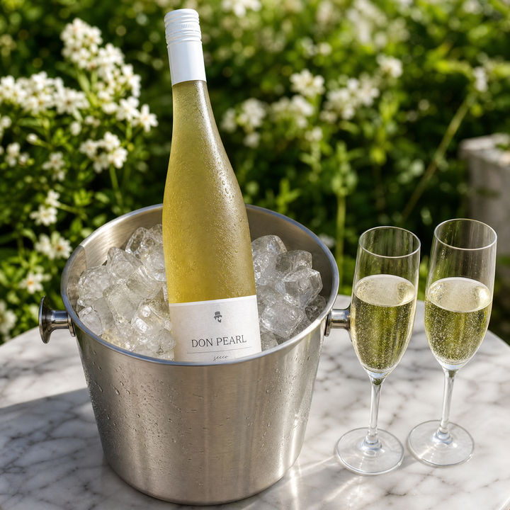 Don Pearl Secco im Eiskübel mit zwei Gläsern