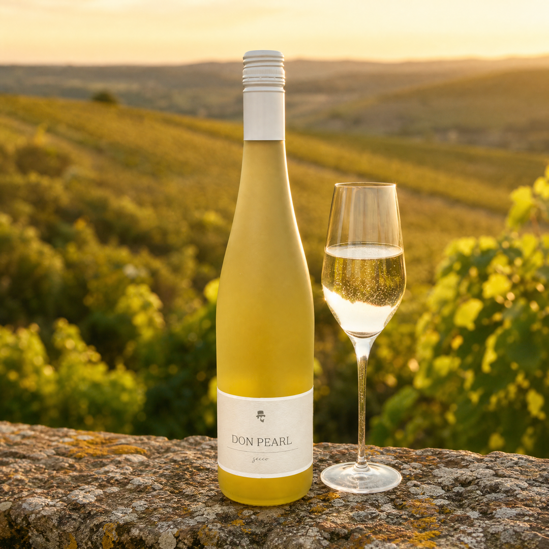 Don Pearl Secco auf einer Mauer im rheinhessischen Weinberg