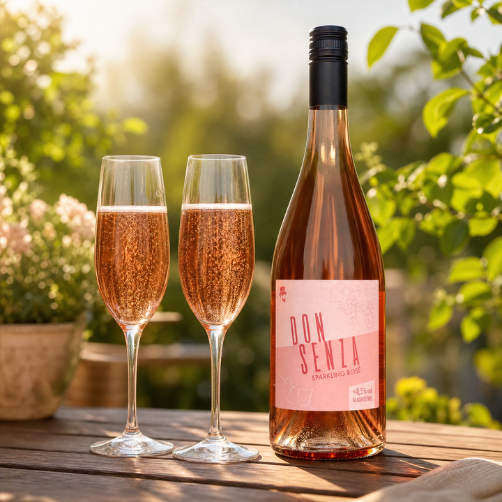 Don Senza mit zwei Gläsern alkoholfreiem Rosé im Garten