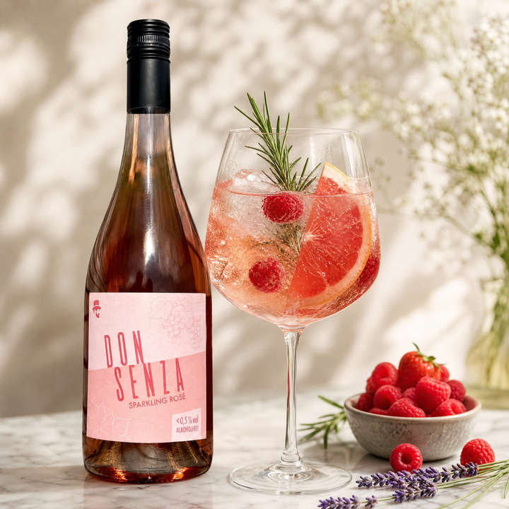 Don Senza als Mocktail mit Eis, Himbeeren, Grapefruit und Rosmarin
